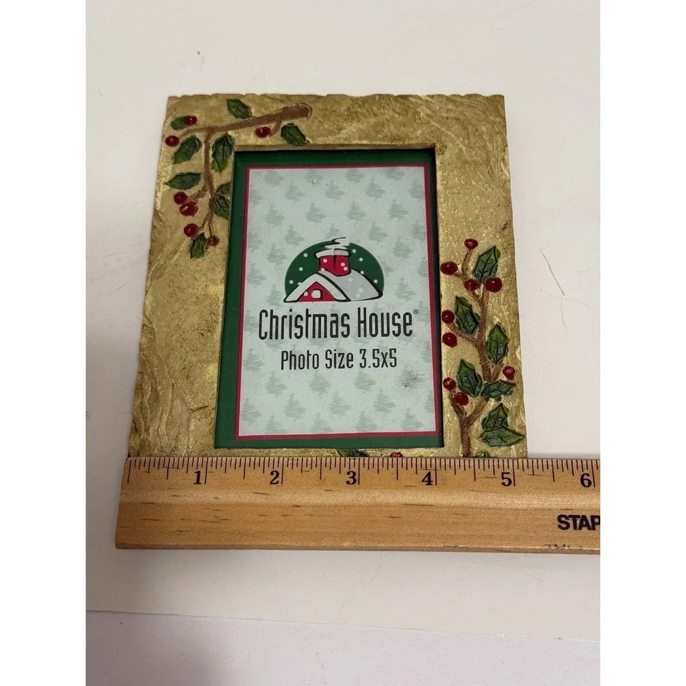 Christmas House Gold Holly Berry 3.5x5 Picture Frame Textured Resin Holiday Deco